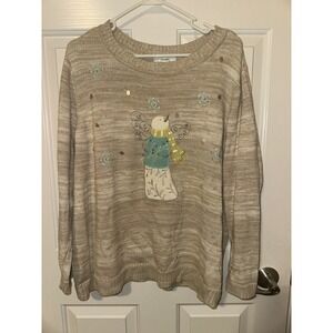 CJ Banks Sweater Womens 2X Tan Snowman Angel Sequin Metallic Holiday Pullover